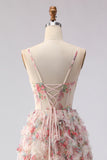 Light Pink Floral Corset A Line Ruffled Prom Dress