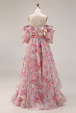 Off the Shoulder Pink Floral A Line Ruffled Prom Dress