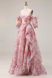 Off the Shoulder Pink Floral A Line Ruffled Prom Dress