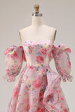 Off the Shoulder Pink Floral A Line Ruffled Prom Dress