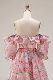Off the Shoulder Pink Floral A Line Ruffled Prom Dress