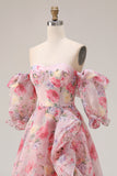 Off the Shoulder Pink Floral A Line Ruffled Prom Dress