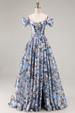 Off the Shoulder Blue Floral A Line Corset Prom Dress