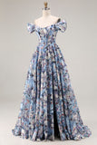 Off the Shoulder Blue Floral A Line Corset Prom Dress