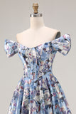 Off the Shoulder Blue Floral A Line Corset Prom Dress
