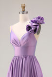 Purple 3D Flowers A Line Pleated Prom Dress