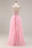 Sparkly Pink Corset Ruffled Beaded Prom Dress