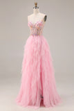 Sparkly Pink Corset Ruffled Beaded Prom Dress