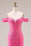 Sparkly Off the Shoulder Appliqued Fuchsia Prom Dress