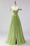 Green Off the Shoulder Corset A Line Prom Dress