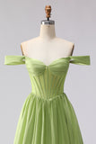 Green Off the Shoulder Corset A Line Prom Dress