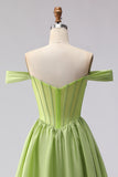 Green Off the Shoulder Corset A Line Prom Dress