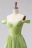 Green Off the Shoulder Corset A Line Prom Dress