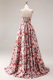 Basque Waist Pink Red Floral Maxi Prom Dress