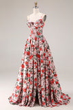 Basque Waist Pink Red Floral Maxi Prom Dress