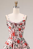 Basque Waist Pink Red Floral Maxi Prom Dress