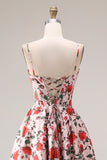 Basque Waist Pink Red Floral Maxi Prom Dress