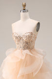 Strapless Corset Ruffled Ball Gown Champagne Prom Dress
