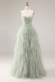 A Line Appliqued Corset Ruffled Dusty Green Prom Dress