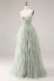 A Line Appliqued Corset Ruffled Dusty Green Prom Dress