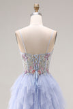 Sequin A Line Corset Ruffled Light Plum Prom Dress