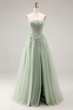 Strapless Corset A Line Dusty Green Appliqued Prom Dress
