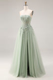 Strapless Corset A Line Dusty Green Appliqued Prom Dress