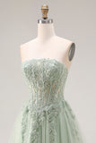 Strapless Corset A Line Dusty Green Appliqued Prom Dress