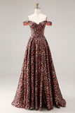 Off the Shoulder Coffee Leopard Corset A Line Prom Dress