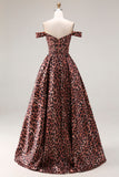 Off the Shoulder Coffee Leopard Corset A Line Prom Dress
