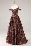 Off the Shoulder Coffee Leopard Corset A Line Prom Dress