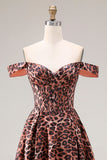 Off the Shoulder Coffee Leopard Corset A Line Prom Dress