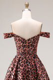 Off the Shoulder Coffee Leopard Corset A Line Prom Dress