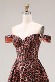 Off the Shoulder Coffee Leopard Corset A Line Prom Dress