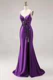 Mermaid Satin Sequin Beaded Corset Purple Prom Dress