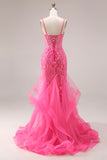 Sparkly Mermaid Corset Fuchsia Prom Dress with Ruffles