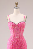 Sparkly Mermaid Corset Fuchsia Prom Dress with Ruffles