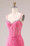 Sparkly Mermaid Corset Fuchsia Prom Dress with Ruffles