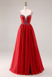 Sparkly Red A Line Pleated Maxi Prom Dress