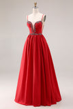 Sparkly Red A Line Pleated Maxi Prom Dress