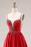 Sparkly Red A Line Pleated Maxi Prom Dress