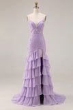 Purple Tiered Maxi Prom Dress with Appliques
