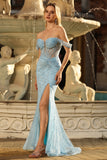 Off The Shoulder Blue Mermaid Corset Sequin Prom Dress With Slit