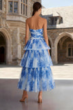 White Blue Floral Strapless Tiered Wedding Guest Dress