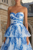 White Blue Floral Strapless Tiered Wedding Guest Dress