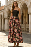 Strapless Black Pink Floral A Line Maxi Wedding Guest Dress