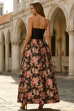 Strapless Black Pink Floral A Line Maxi Wedding Guest Dress