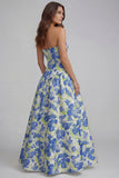 Strapless Blue White Floral A Line Maxi Wedding Guest Dress