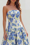 Strapless Blue White Floral A Line Maxi Wedding Guest Dress