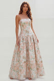 Strapless Blue White Floral A Line Maxi Wedding Guest Dress